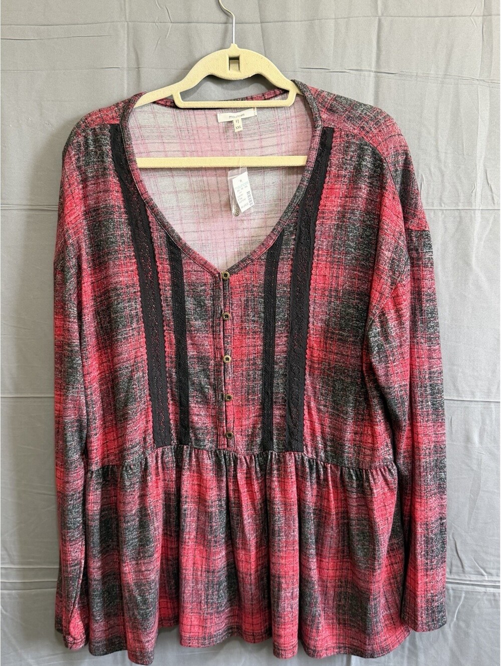 Maurices Women’s XXL Pink Plaid Babydoll Henley Long Sleeve Top NWT